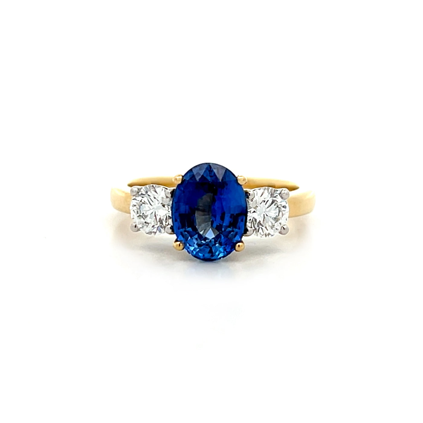 Ceylon Blue Sapphire and Diamond Three Stone Ring in Yellow Gold | 3.16ctw
