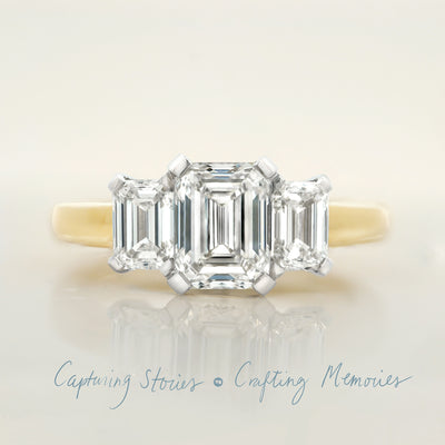 Emerald Cut Diamond Three Stone Ring in Yellow Gold | 2.51ctw
