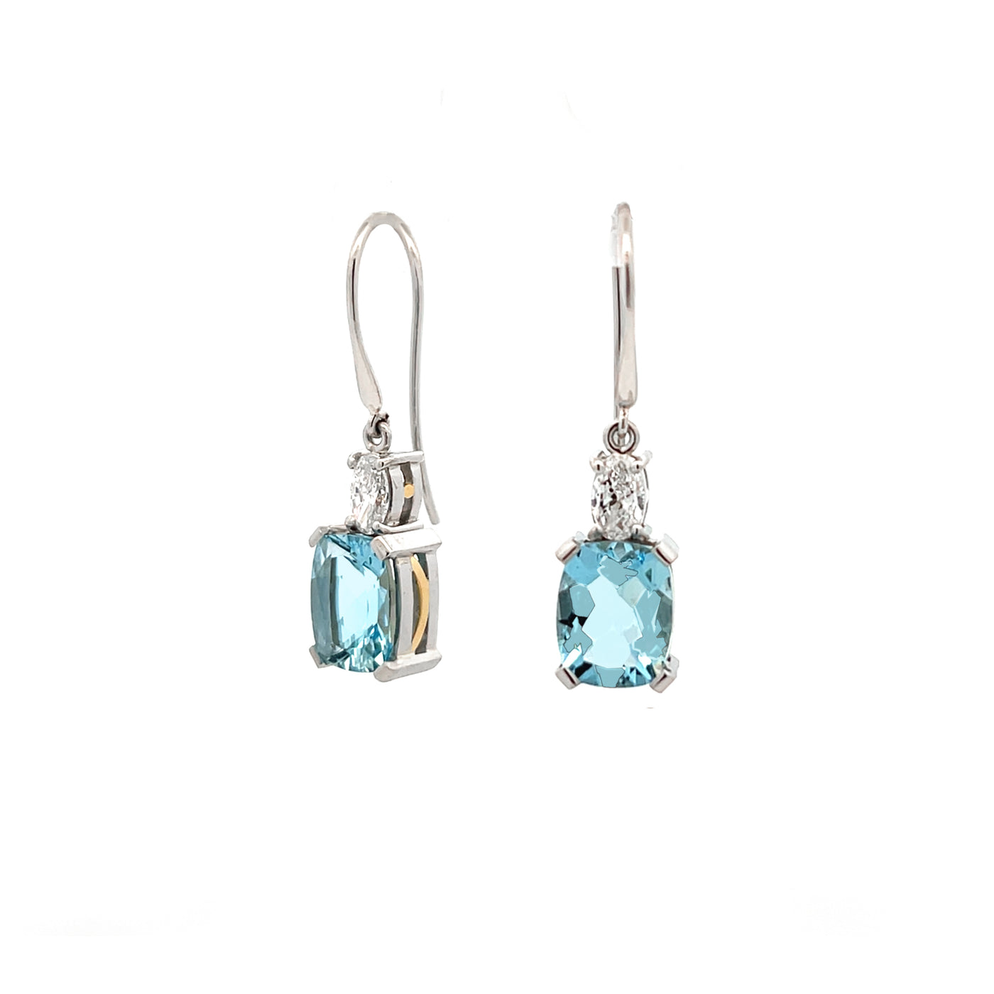 Cushion Cut Aquamarine and Oval cut Diamond Drop Earrings in Platinum | 3.98ctw
