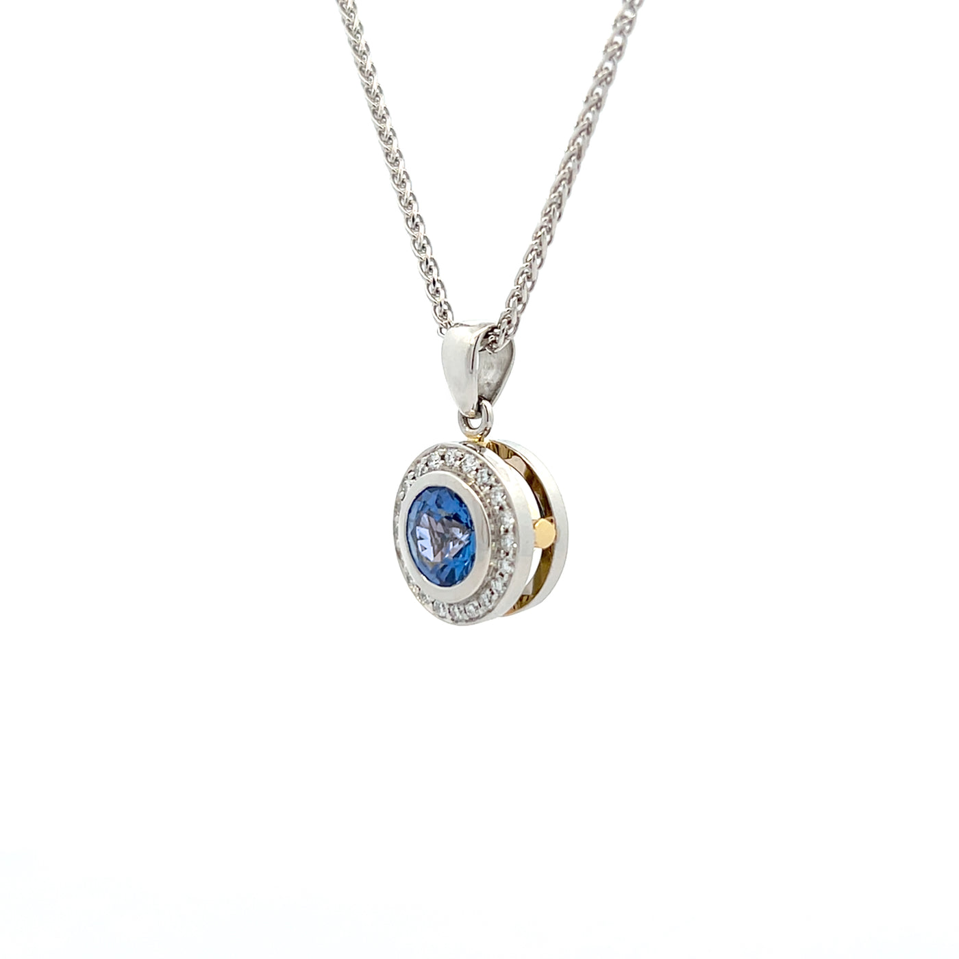 Aurelia: Sapphire and Diamond Halo Pendant in Platinum and Yellow Gold | 1.79ctw