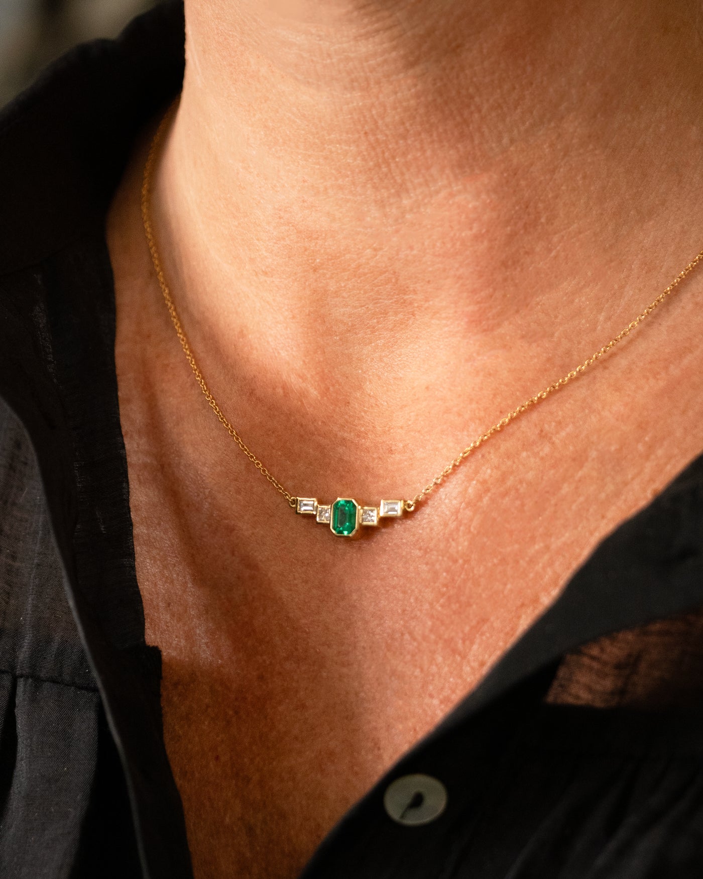Aviette: Emerald and Diamond Five Stone Pendant in Yellow Gold