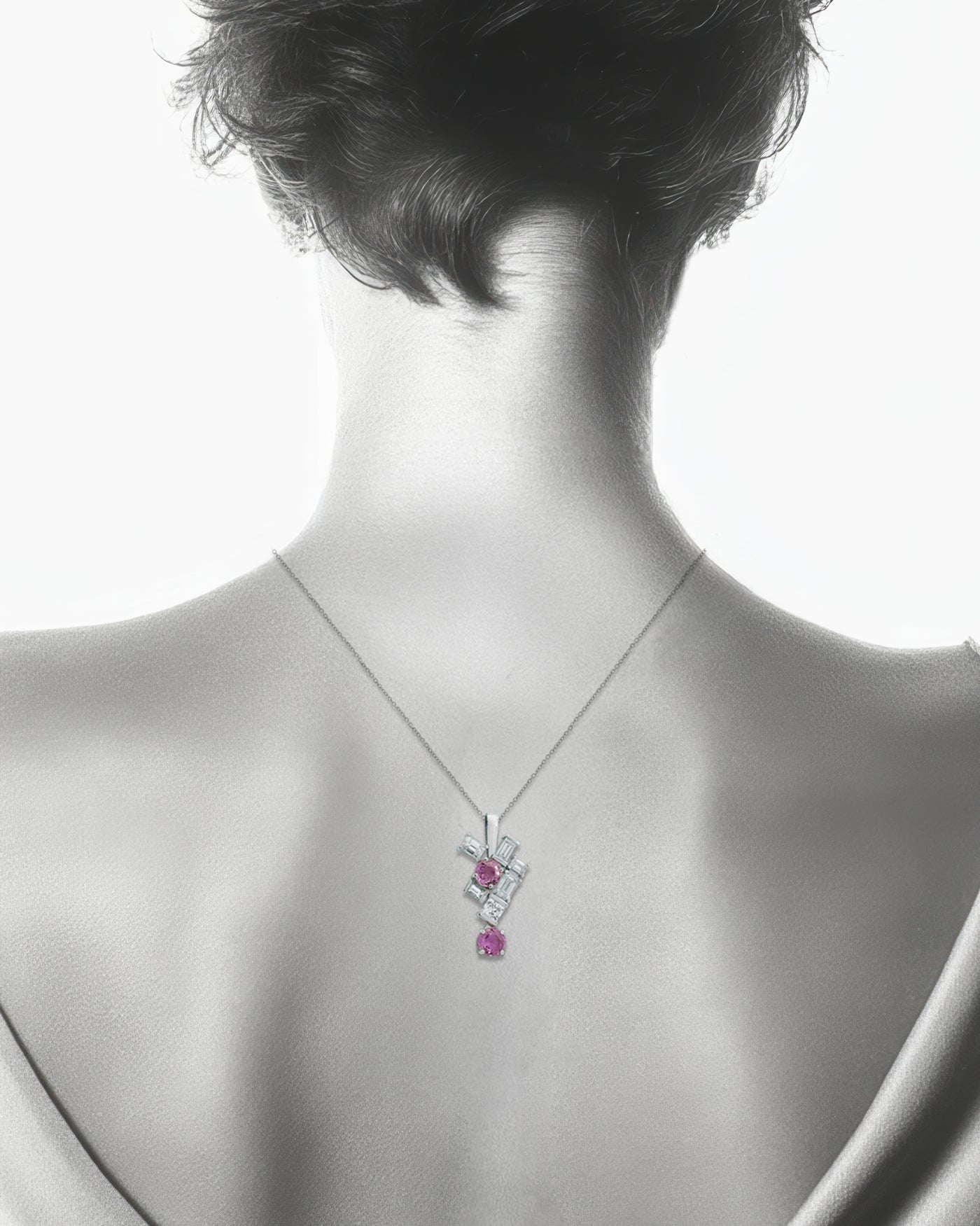 Pink Sapphire and Diamond Drop Pendant in Platinum