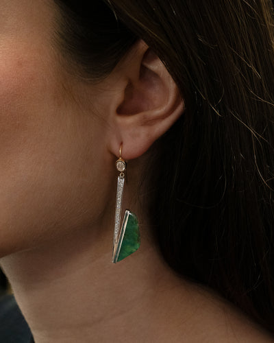Emerald and Diamond Deco-Style Drop Earrings in Yellow Gold