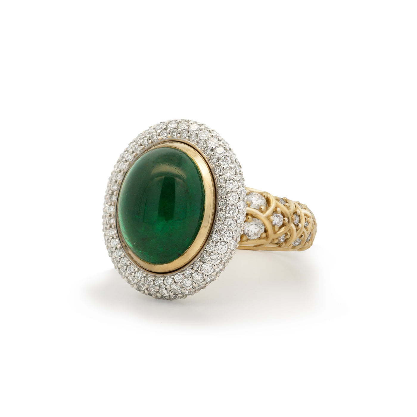 Cleo: Zambian Emerald and Diamond Halo Ring with Diamond Detailed Shoulders in Yellow Gold | 8.30ct
