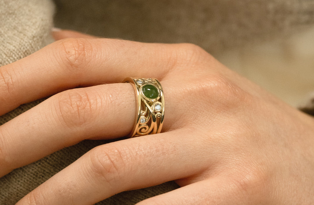 Fern Pounamu and Diamond Set Ring in Yellow Gold The Village Goldsmith
