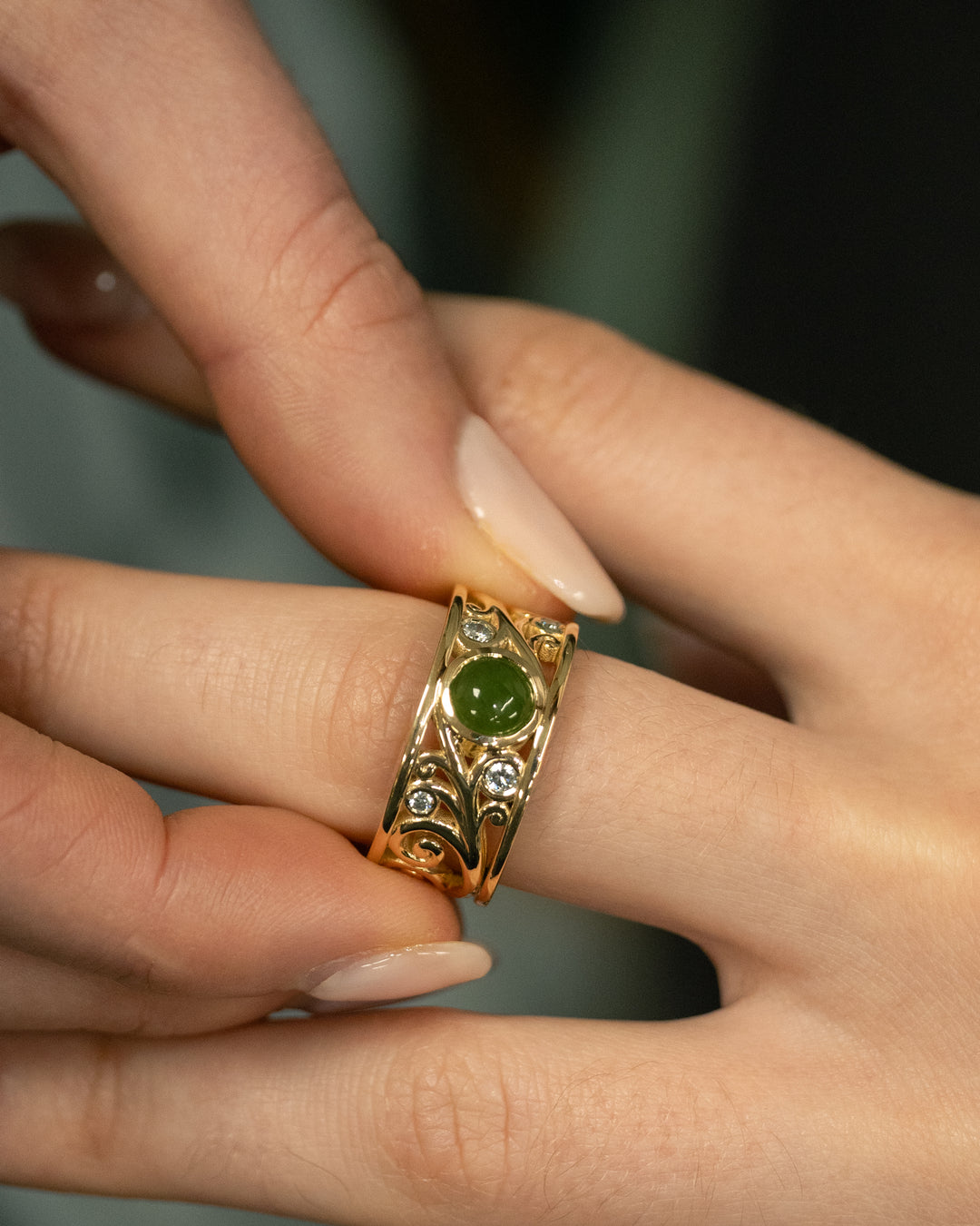 Fern: Pounamu and Diamond Set Ring in Yellow Gold – The Village