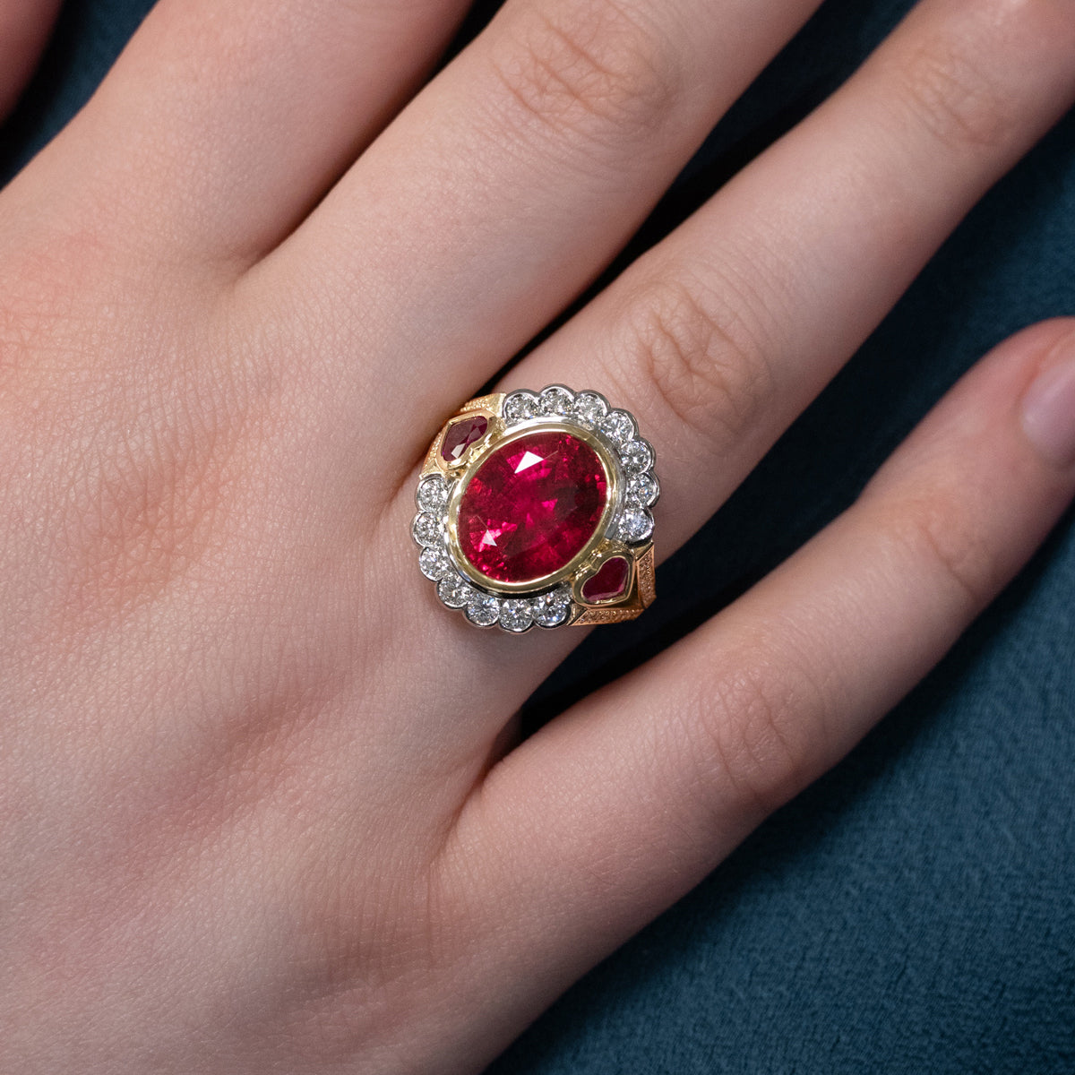 Queen of Hearts: Rubellite Halo Ring in Yellow Gold | 7.29ct