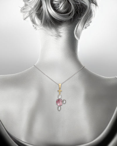 Rosie: Morganite and Diamond Drop Cross Pendant in Yellow Gold and Platinum | 6.14ctw