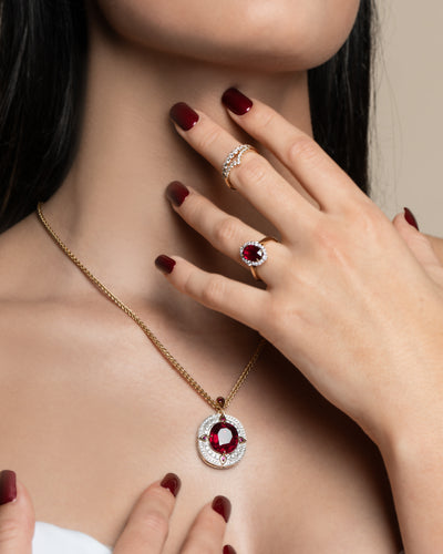 Crimson Star: Rubellite, Diamond and Ruby Pendant paired with Dynasty: Ruby and Diamond Halo Ring