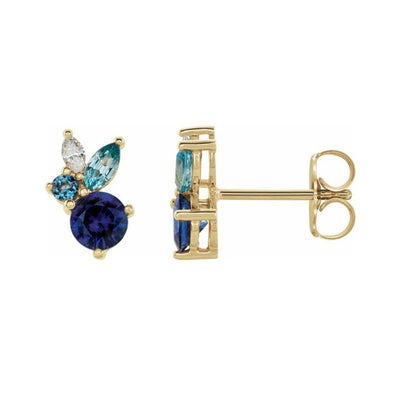 Aquamarine, Sapphire, Diamond and Zircon Popcorn Stud Earrings in Yellow Gold