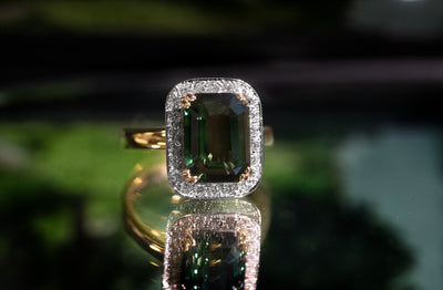 Almost Midnight: Green Sapphire and Diamond Halo Ring