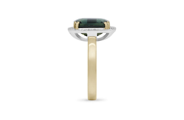 Almost Midnight: Green Sapphire and Diamond Halo Ring