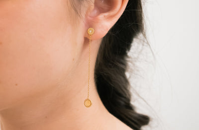 Diamond Set Rope and Disc Drop Earrings in Yellow Gold | 0.06ctw