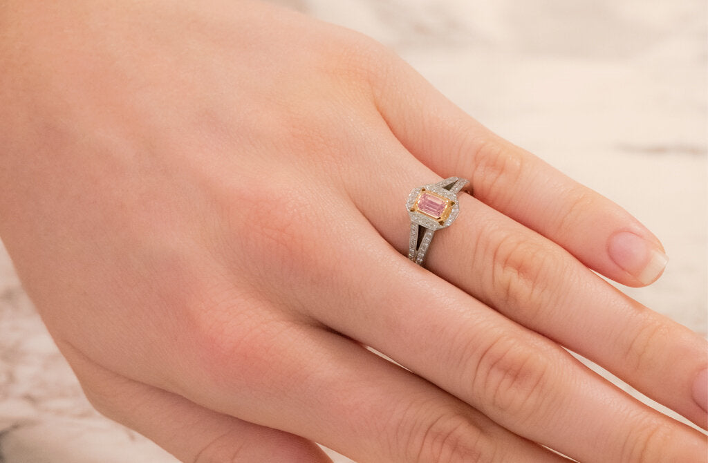 Emerald Cut Argyle Pink Diamond Halo Ring The Village Goldsmith
