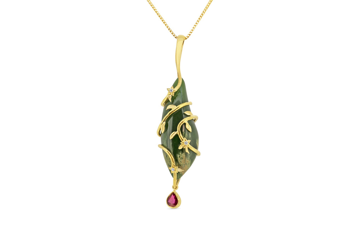 Flower Jade, Ruby and Diamond Pendant in Yellow Gold