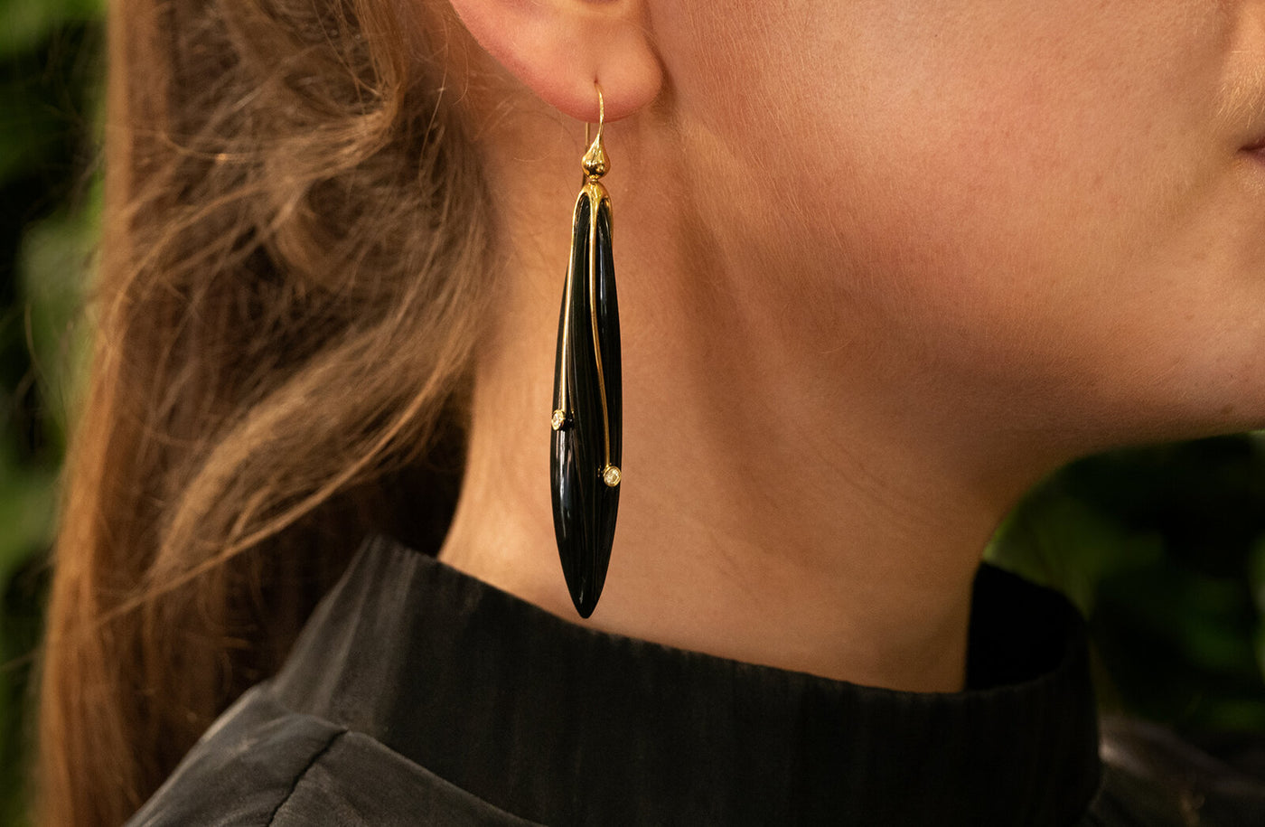 Harakeke: Black Jade and Diamond Drop Earrings