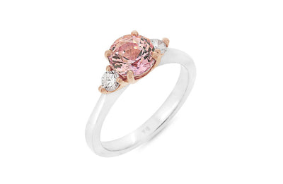 Padparadscha Sapphire and Diamond Three Stone Ring