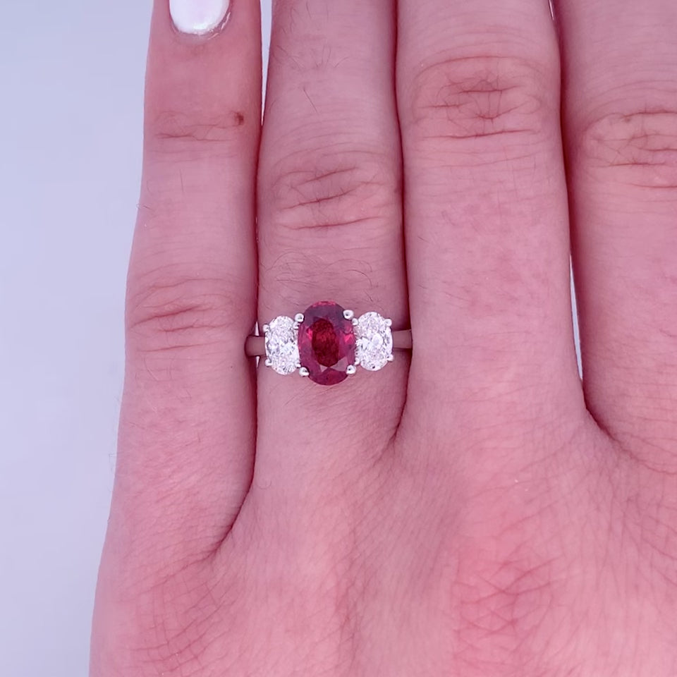 Lotus: Oval Cut Ruby and Diamond Three Stone Ring