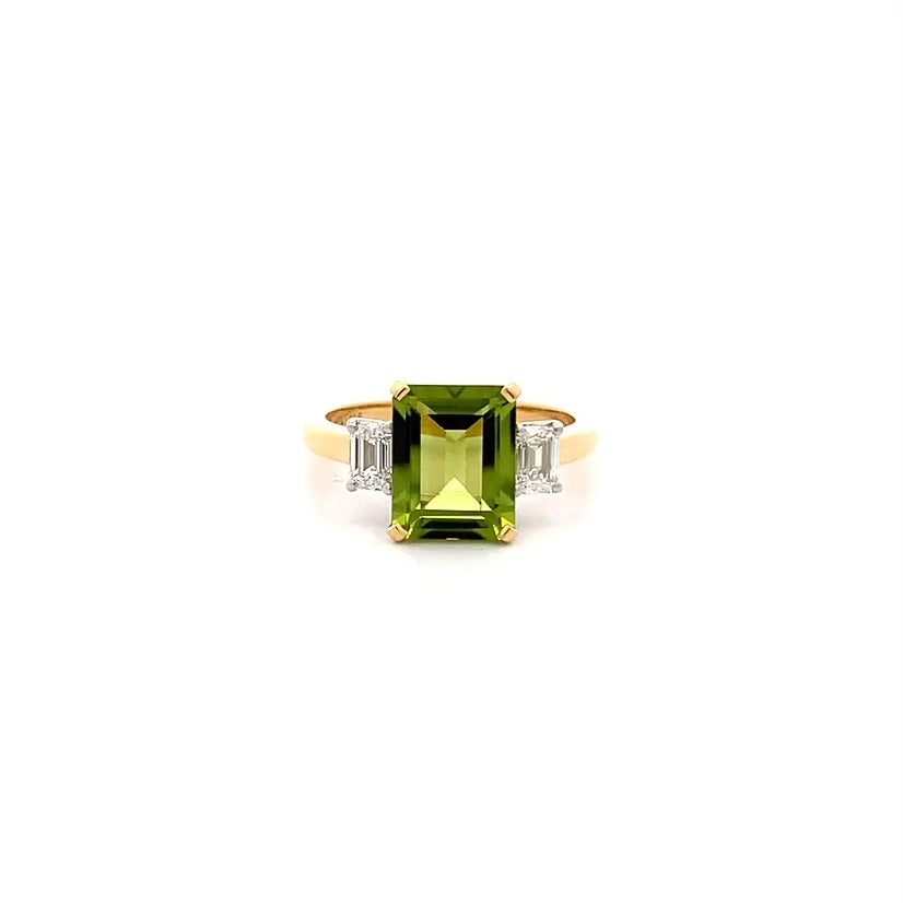 Peridot and Diamond Three Stone Ring in Yellow Gold | 3.29ct
