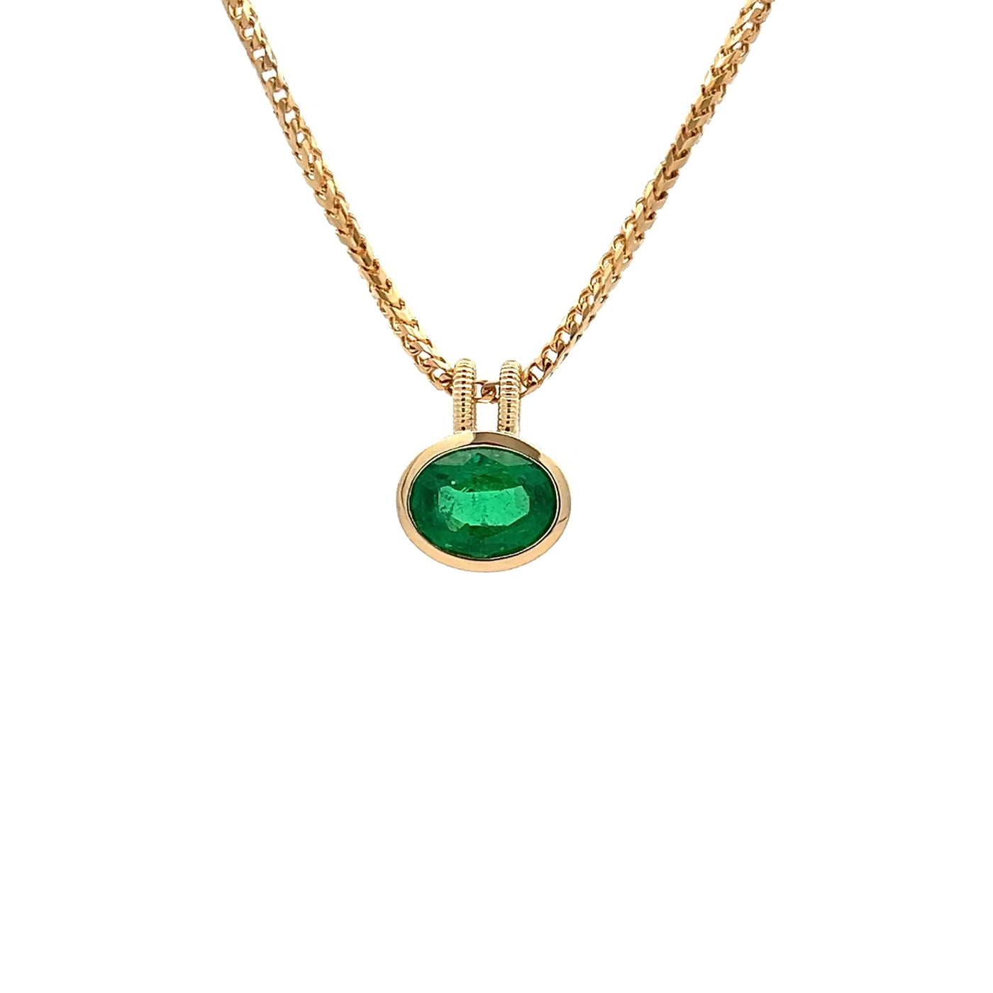 Bezel Set Oval Cut Emerald Pendant in Yellow Gold | 1.69ct
