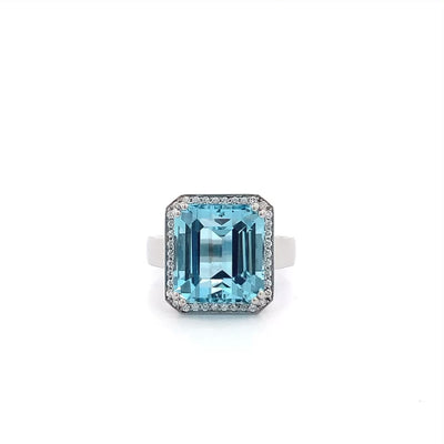 Aquamarine and Diamond Halo Ring in Platinum | 9.42ct