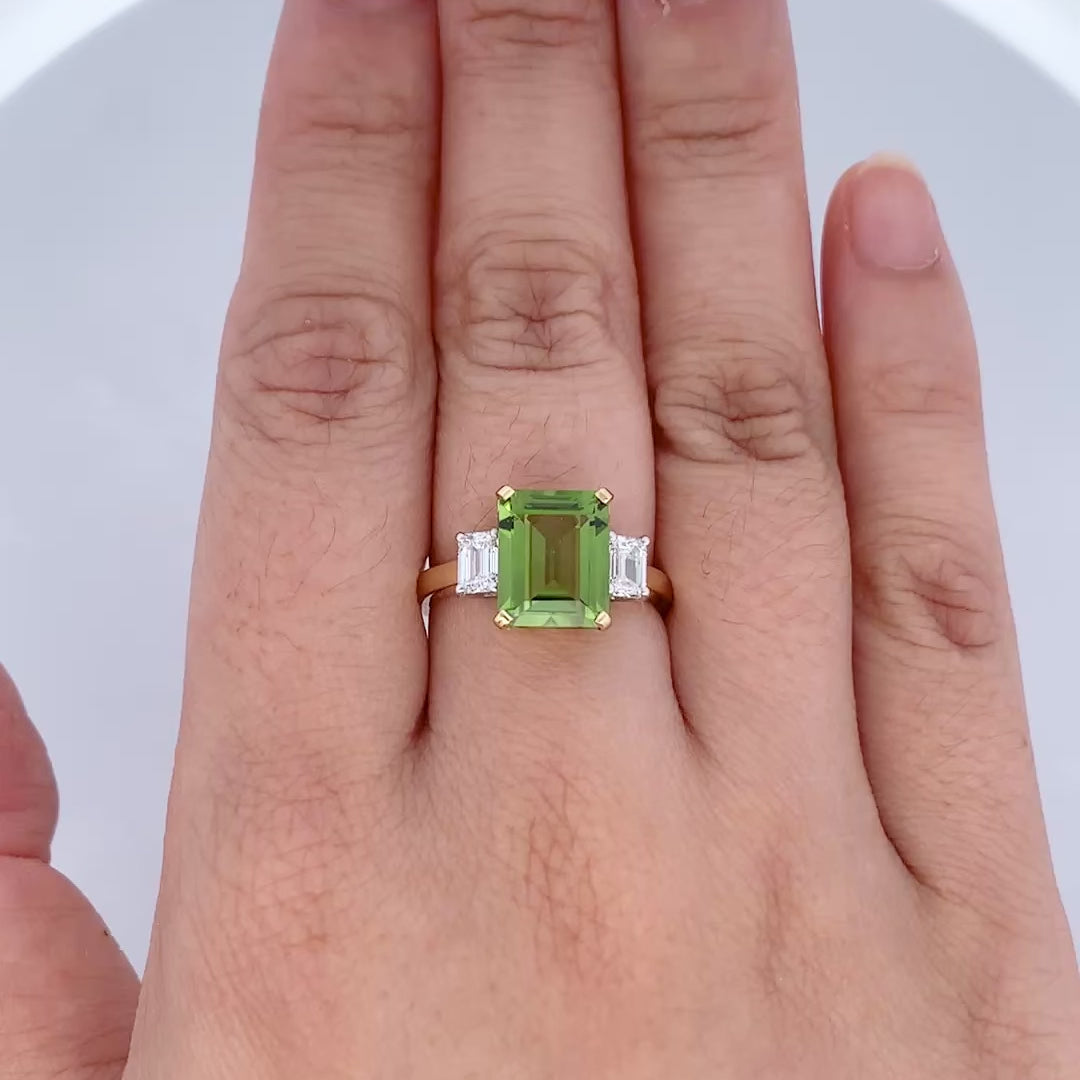 Peridot and Diamond Three Stone Ring in Yellow Gold | 3.29ct