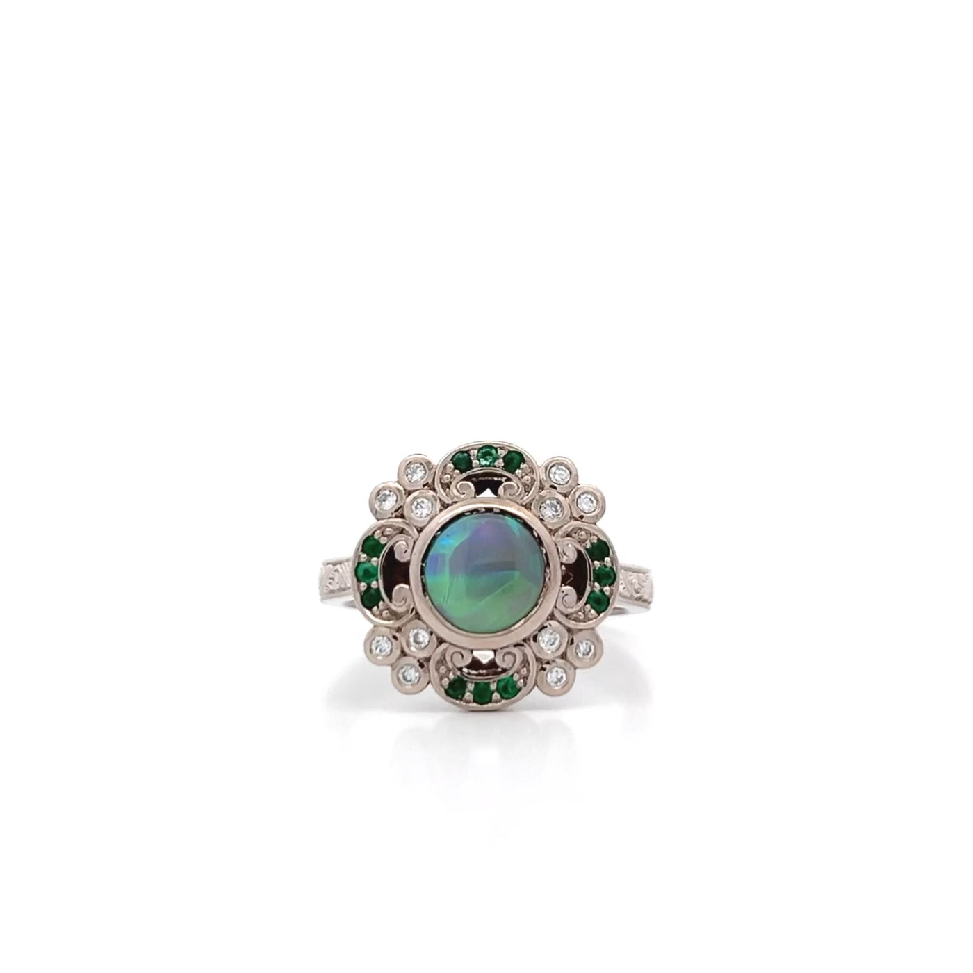 Opal, Diamond and Emerald Vintage Cluster Ring in White Gold | 0.12ctw
