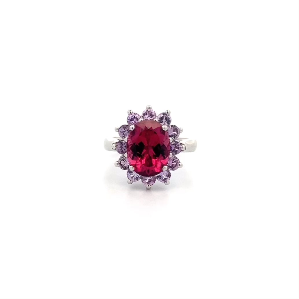 Bonbon Delight: Rubellite and Sapphire Halo Ring in Platinum | 4.32ct