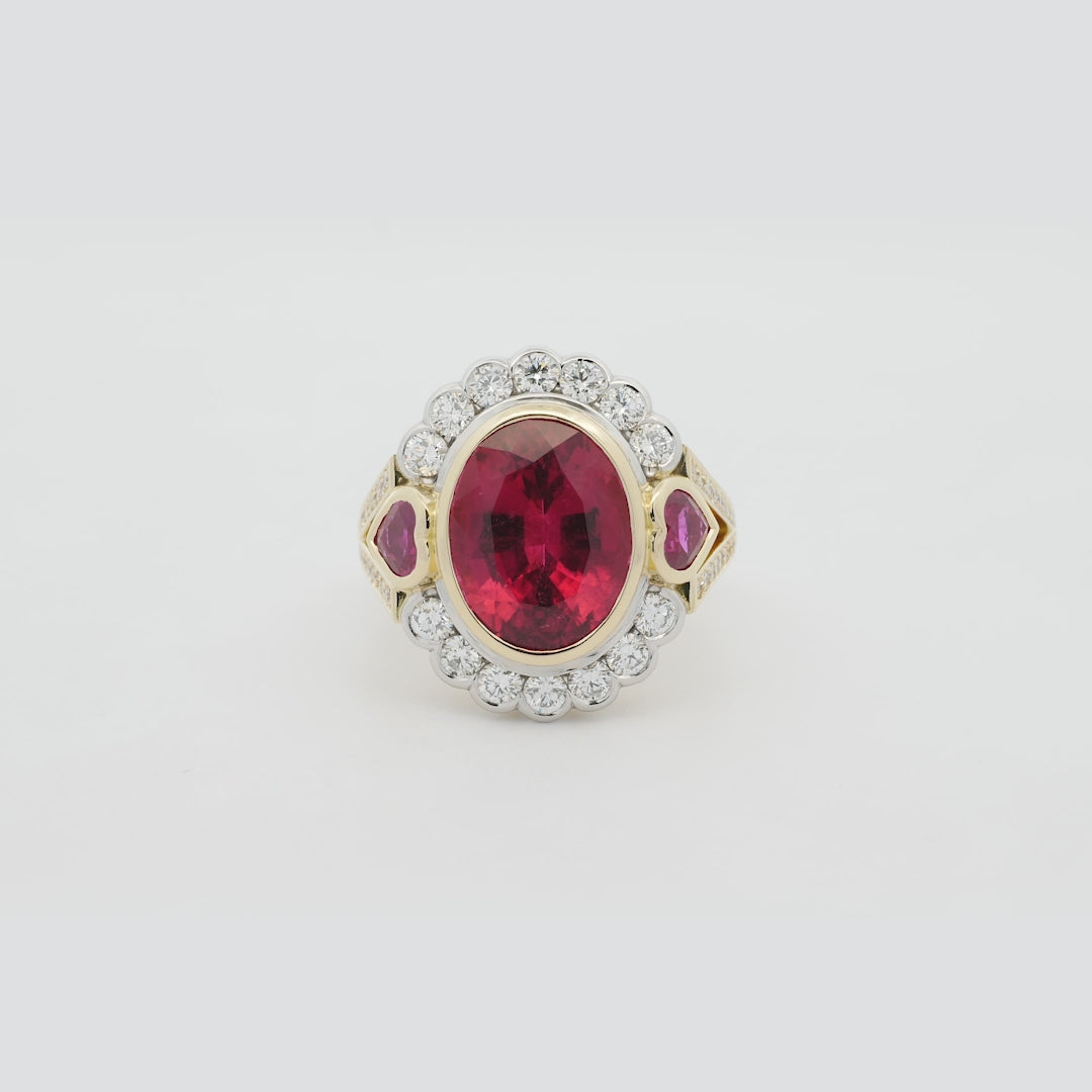 Queen of Hearts: Rubellite Halo Ring in Yellow Gold | 7.29ct