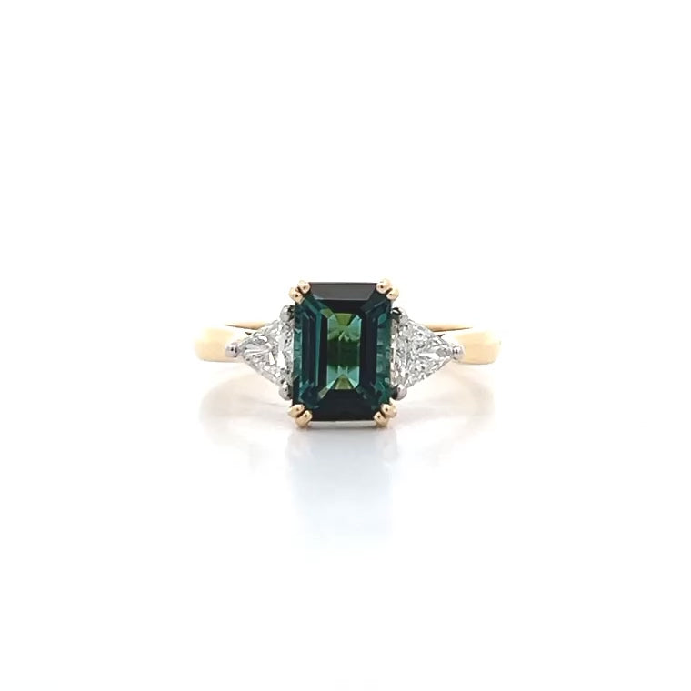 2.02ct Octagonal Cut Tourmaline and Trilliant Cut Diamond Three Stone Ring in Yellow Gold | 2.39ctw
