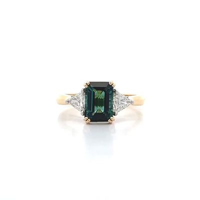 2.02ct Octagonal Cut Tourmaline and Trilliant Cut Diamond Three Stone Ring in Yellow Gold | 2.39ctw