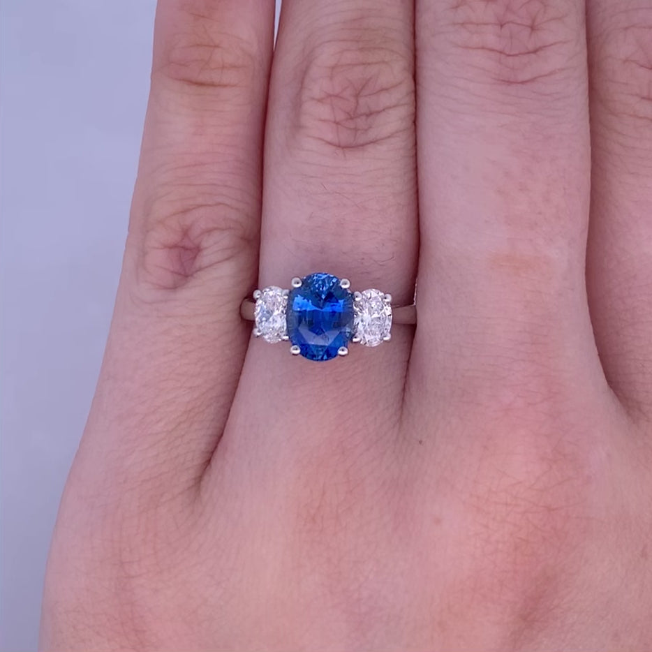 Oval Cut Sapphire and Diamond Three Stone in Platinum | 2.18ct