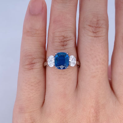 Ceylon Blue Sapphire and Diamond Three Stone Ring in Platinum | 2.12ct