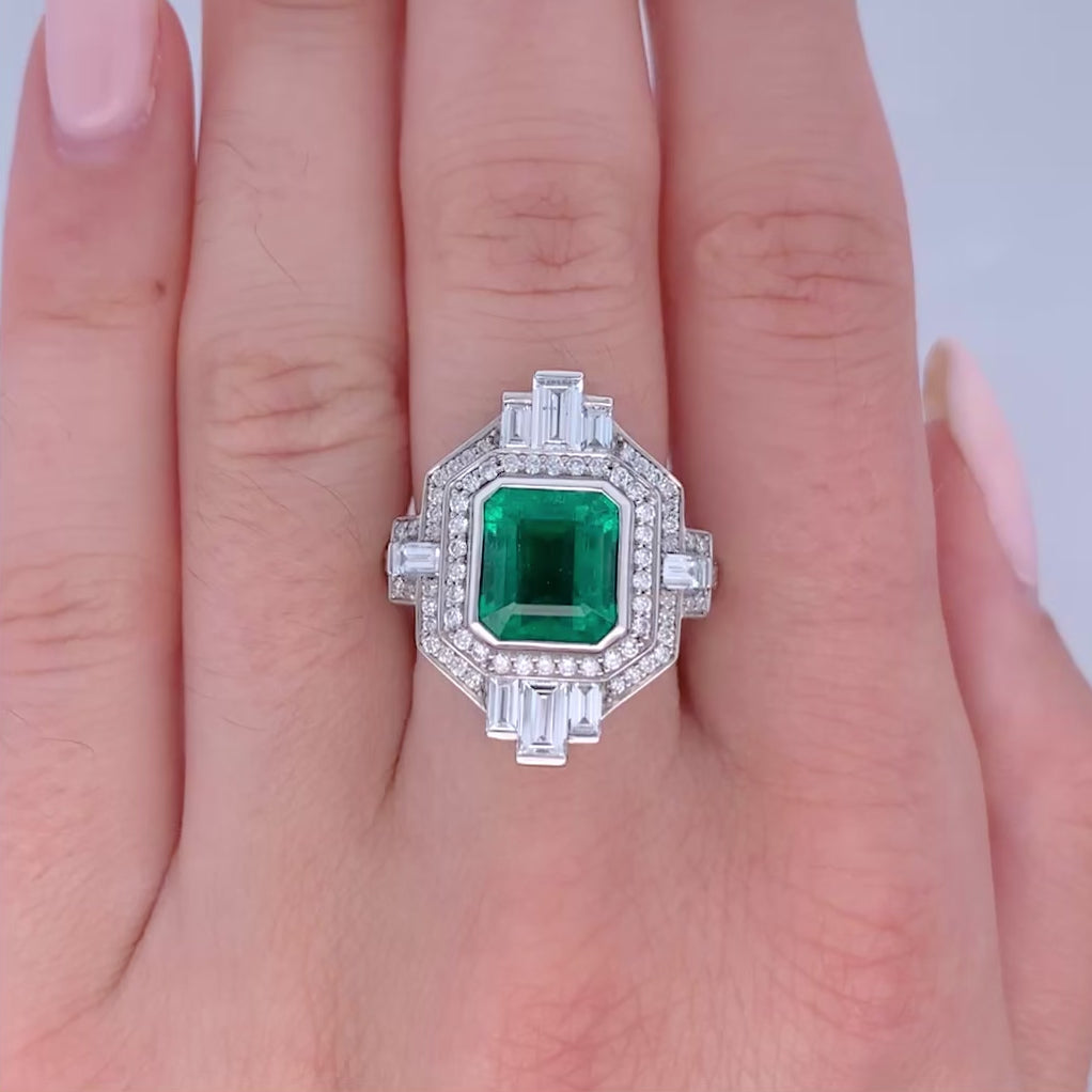 Lady Liberty: Emerald & Diamond Halo Ring in Platinum | 3.87ct
