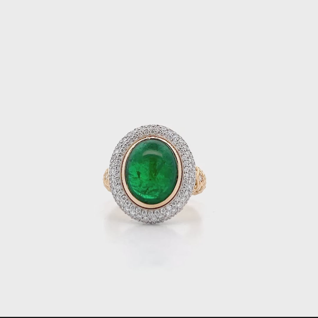 Cleo: Zambian Emerald and Diamond Halo Ring with Diamond Detailed Shoulders in Yellow Gold | 8.30ct