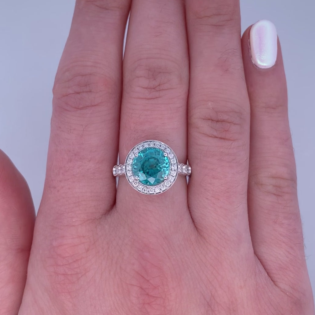 Oceans: Zircon & Diamond Halo Ring in White Gold | 4.29ct