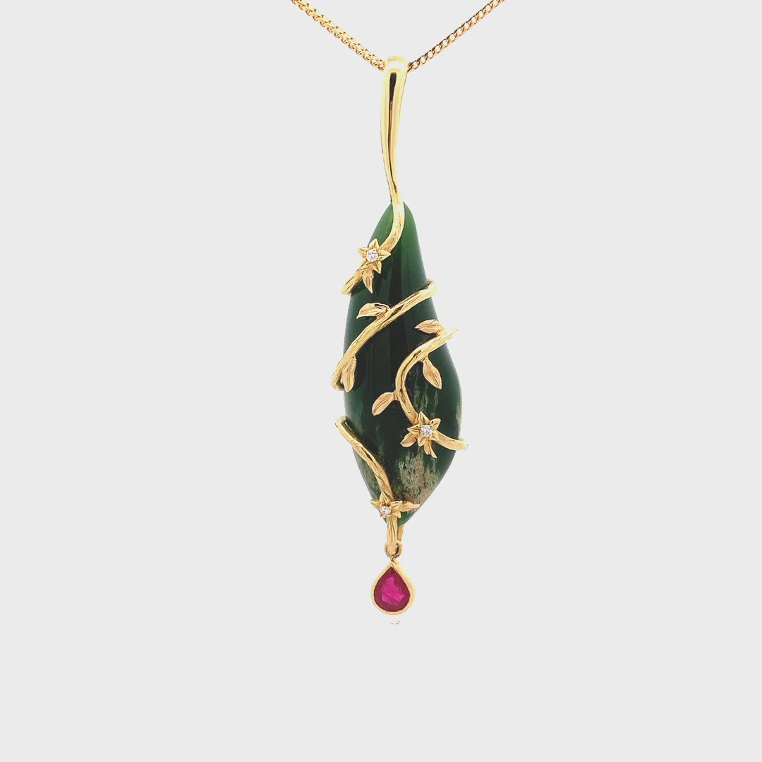 Flower Jade, Ruby and Diamond Pendant in Yellow Gold