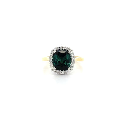 Teal Tourmaline & Diamond Halo Ring in Yellow Gold | 2.61ct