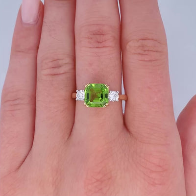 Peridot and Diamond Three Stone Ring in Yellow Gold | 2.80ct