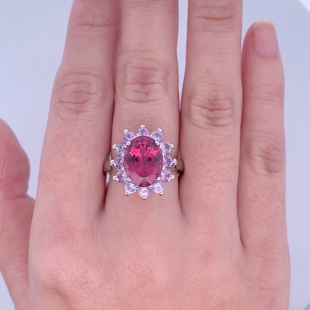 Bonbon Delight: Rubellite and Sapphire Halo Ring in Platinum | 4.32ct