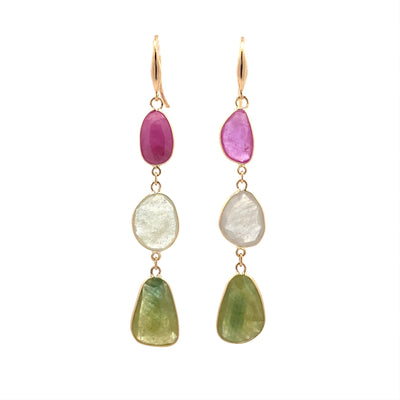Pink and Green Sapphire Polki Drop Earrings in Yellow Gold | 18.60ctw