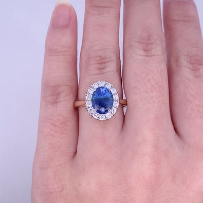 Midnight Bloom: Sapphire and Diamond Halo Ring in Yellow Gold | 2.55ct