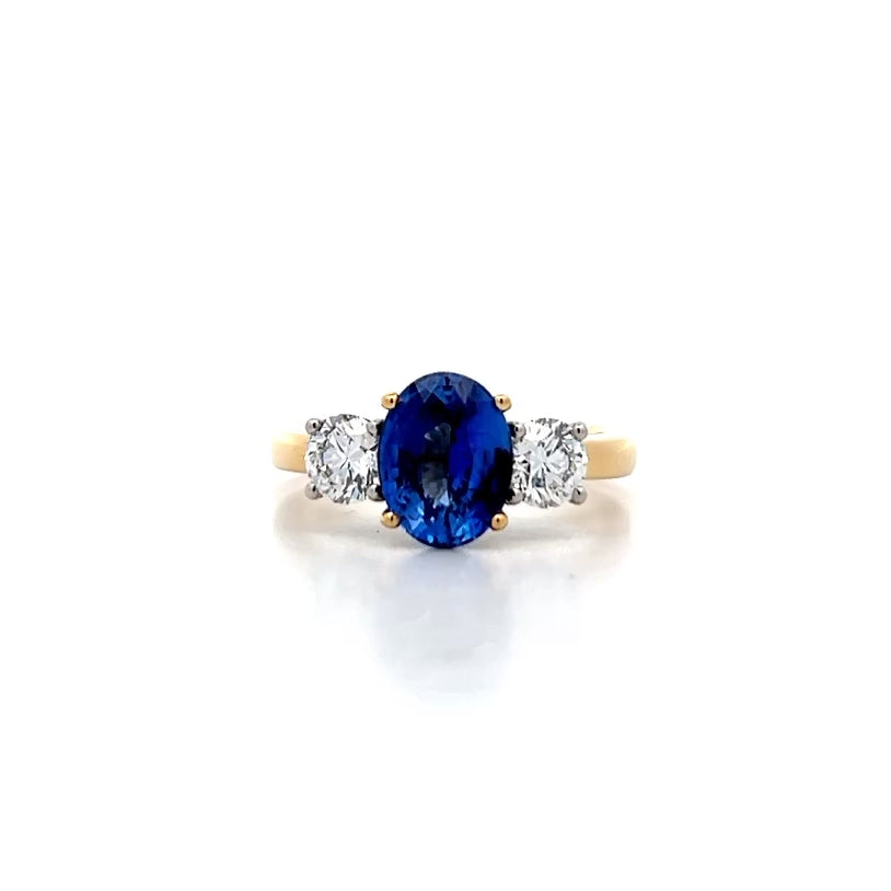 Ceylon Blue Sapphire and Diamond Three Stone Ring in Yellow Gold | 3.16ctw
