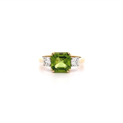 Peridot and Diamond Three Stone Ring in Yellow Gold | 2.80ct