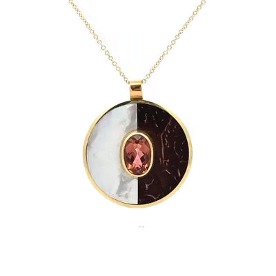 Nucifera: Tourmaline, Mother of Peral and Coconut Shell Pendant in Yellow Gold