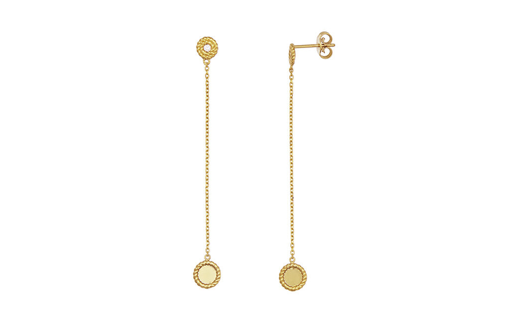 Diamond Set Rope and Disc Drop Earrings in Yellow Gold | 0.06ctw