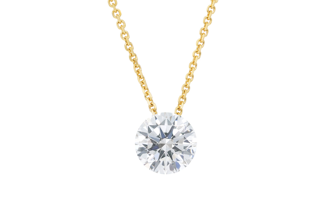 Floeting, Diamond, floating, no clasps, no claw, clawless, clasp less, titanium collet, setting, innovation, brilliant cut, round cut, 18k, 18ct, yellow gold chain, pendant, floeting solitaire