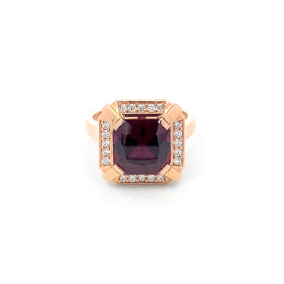 Royal: Puple Garnet and Diamond Halo Ring in Rose Gold | 5.64ct