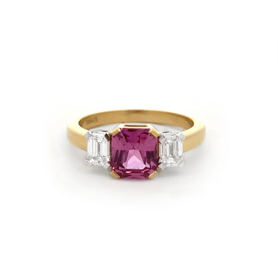 Fuchsia: Pink Sapphire and Diamond Three Stone Ring in Yellow Gold | 1.57ct