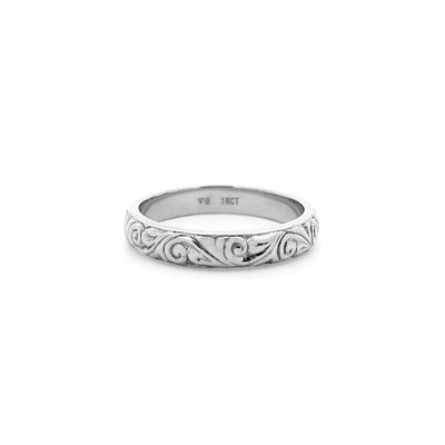 Engraved Filigree Patterned Ring in 18ct White Gold